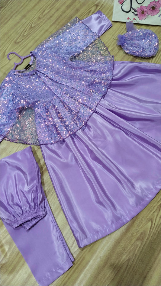 Katan Silk Fabric Frock, Trouser with Net Fabric Jacket . Potli bag.
