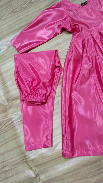 Katan Silk Fabric Frock, Trouser with Net Fabric Jacket  . Potli bag. Pink