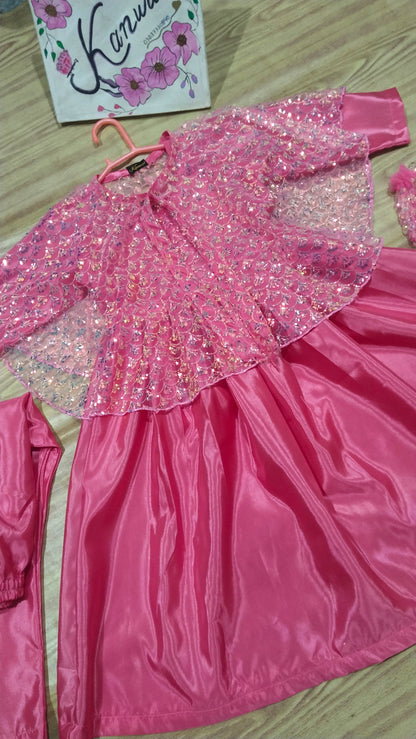 Katan Silk Fabric Frock, Trouser with Net Fabric Jacket  . Potli bag. Pink