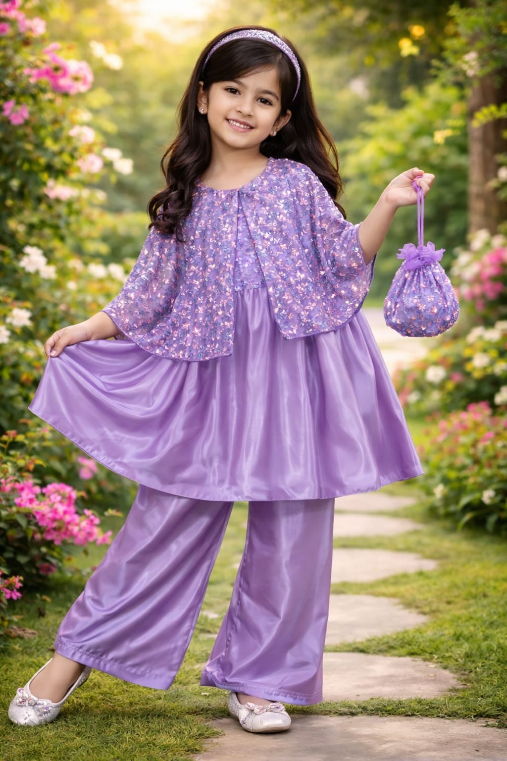 Katan Silk Fabric Frock, Trouser with Net Fabric Jacket  . Potli bag.