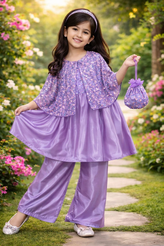 Katan Silk Fabric Frock, Trouser with Net Fabric Jacket  . Potli bag.