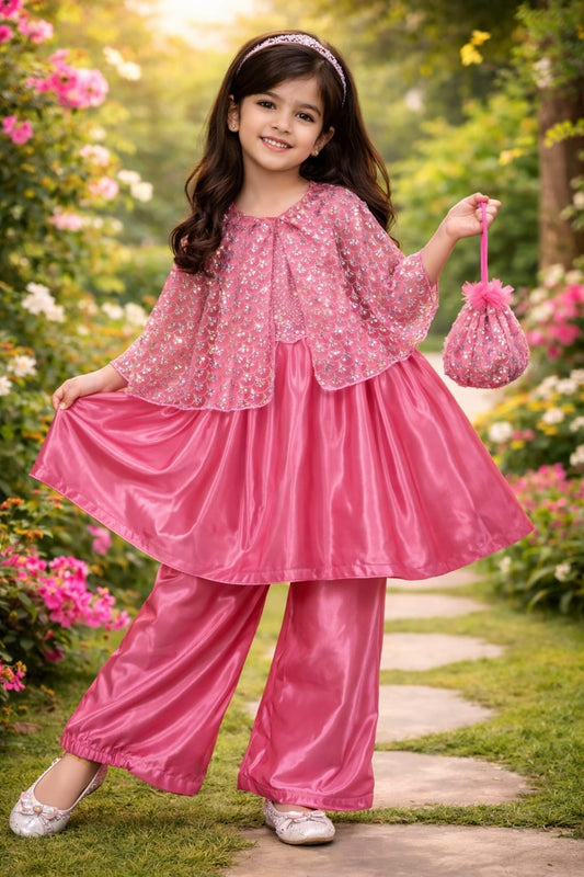 Katan Silk Fabric Frock, Trouser with Net Fabric Jacket  . Potli bag. Pink