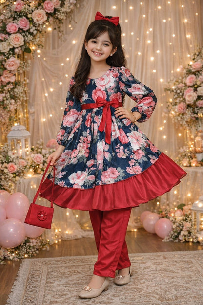 Double Layer Silk Frock , Trouser with Bag