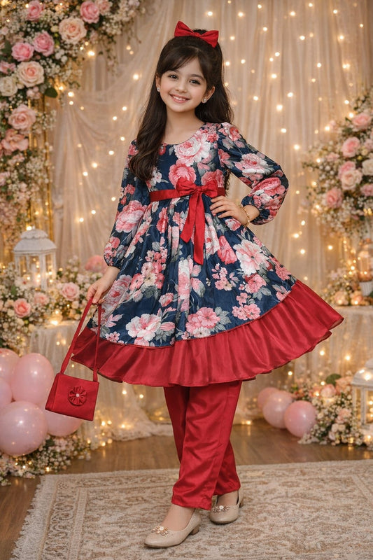 Double Layer Silk Frock , Trouser with Bag