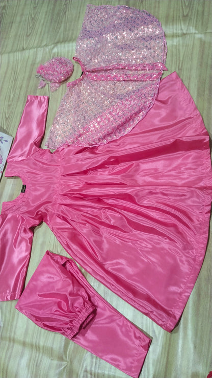 Katan Silk Fabric Frock, Trouser with Net Fabric Jacket  . Potli bag. Pink