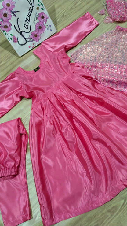 Katan Silk Fabric Frock, Trouser with Net Fabric Jacket  . Potli bag. Pink