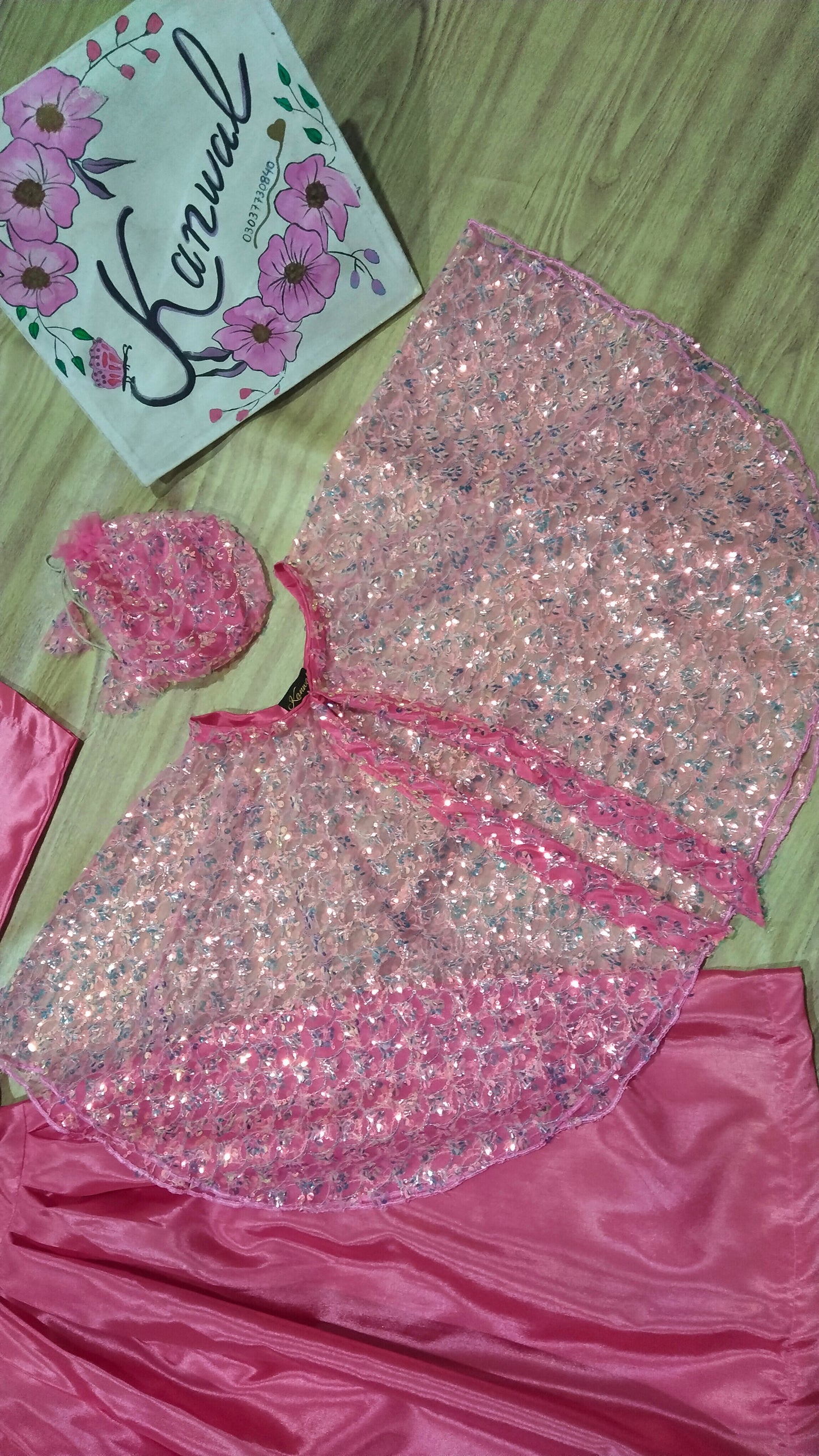 Katan Silk Fabric Frock, Trouser with Net Fabric Jacket  . Potli bag. Pink