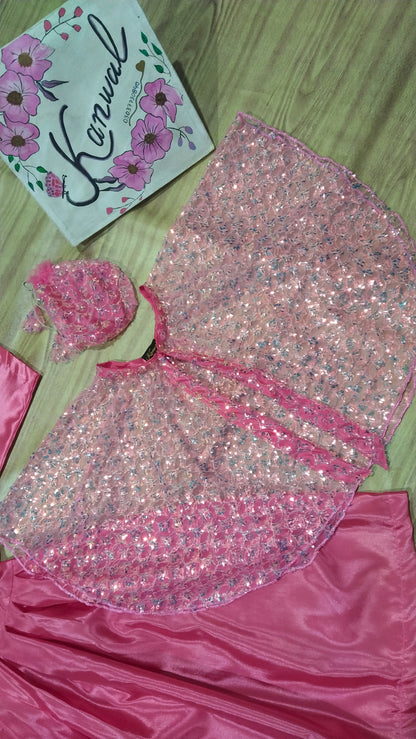 Katan Silk Fabric Frock, Trouser with Net Fabric Jacket  . Potli bag. Pink