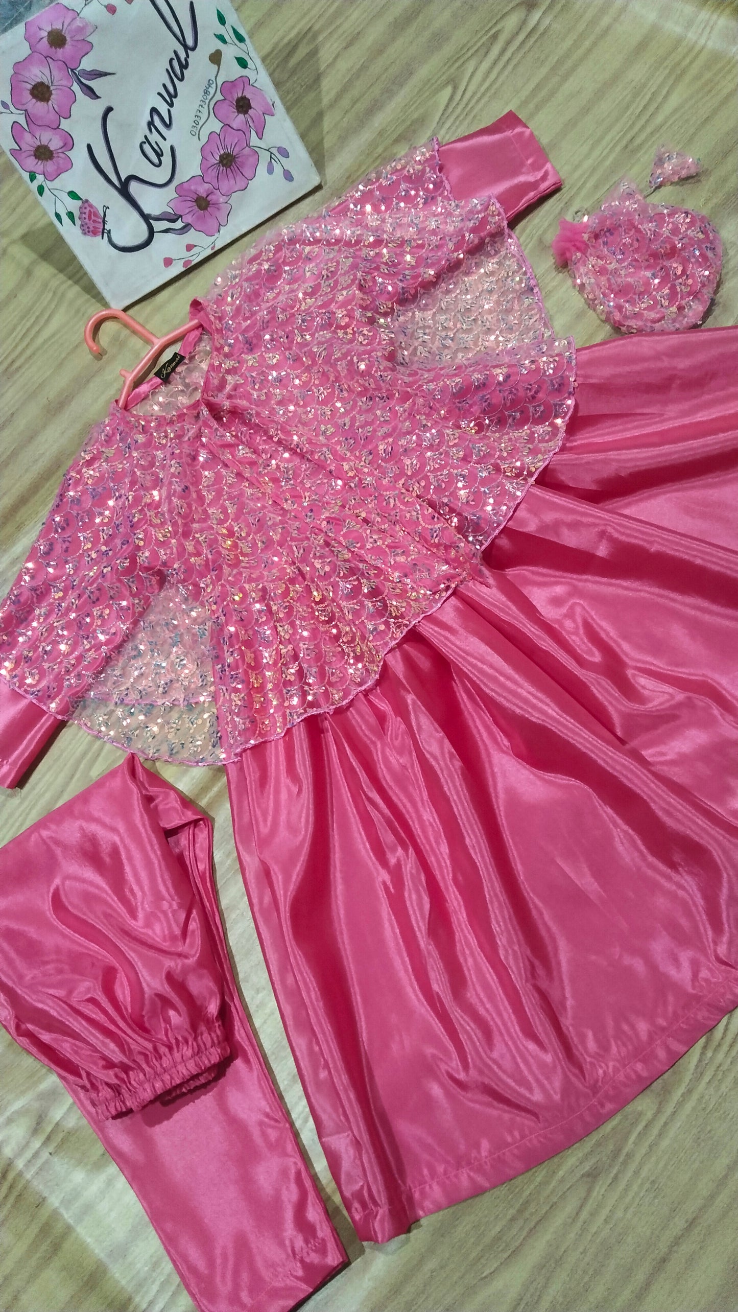 Katan Silk Fabric Frock, Trouser with Net Fabric Jacket  . Potli bag. Pink